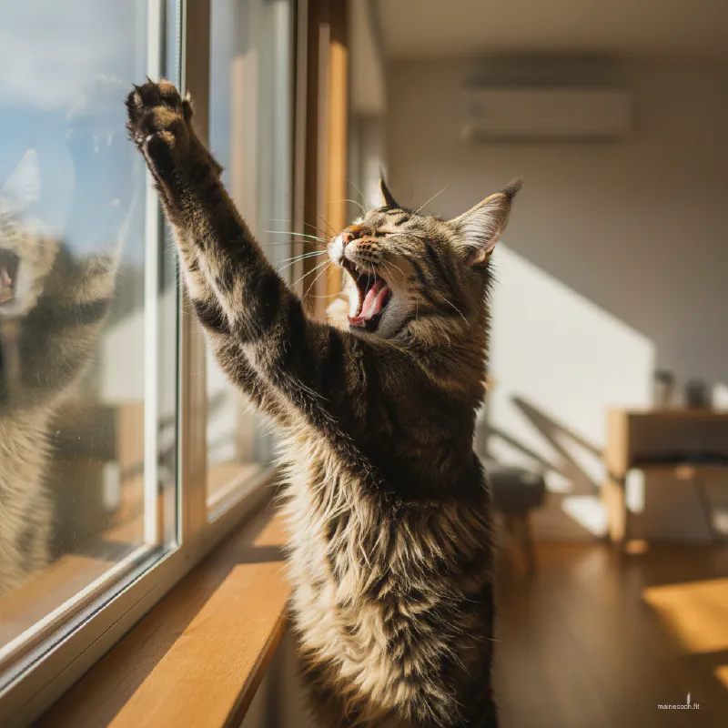 A lanky, adolescent Maine Coon stretching in a sunlit room