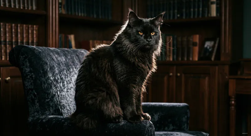 A Solid Black Maine Coon looking like a panther on a dark chair