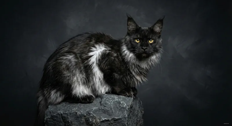 A dramatic Black Smoke Maine Coon with windblown fur revealing a white undercoat