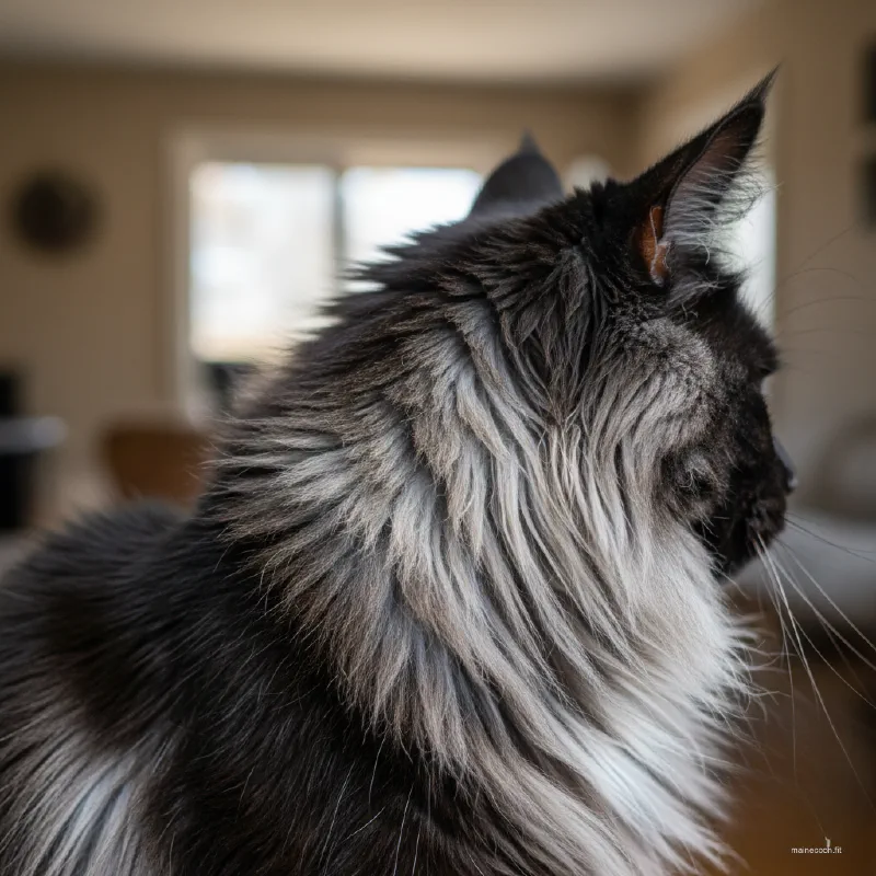 Extreme close-up of a Black Smoke Maine Coon's ruff revealing the white undercoat beneath black tips