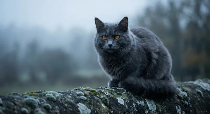 A Blue Maine Coon with slate grey fur and copper eyes