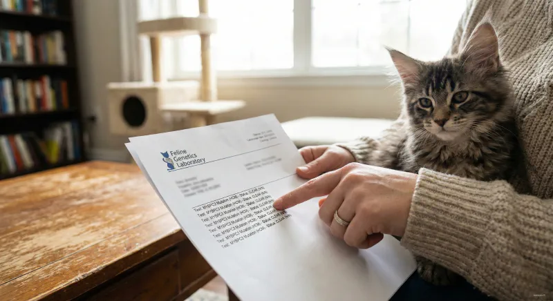 Close-up of a breeder holding a genetic test result document with a clear or carrier status visible
