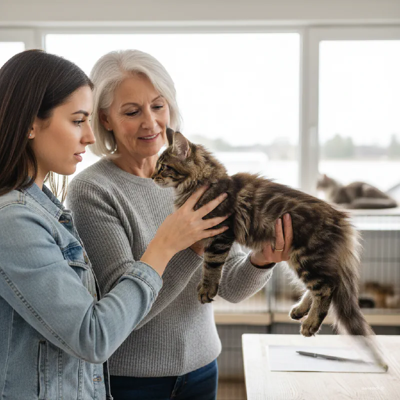 An experienced breeder teaching a novice how to evaluate a kitten's structure