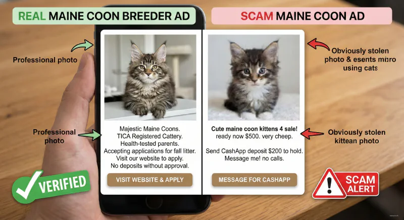 Side by side comparison of a legitimate breeder website versus a scam site