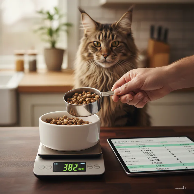 A human hand measuring cat food on a digital scale while a Maine Coon watches, emphasizing caloric precision