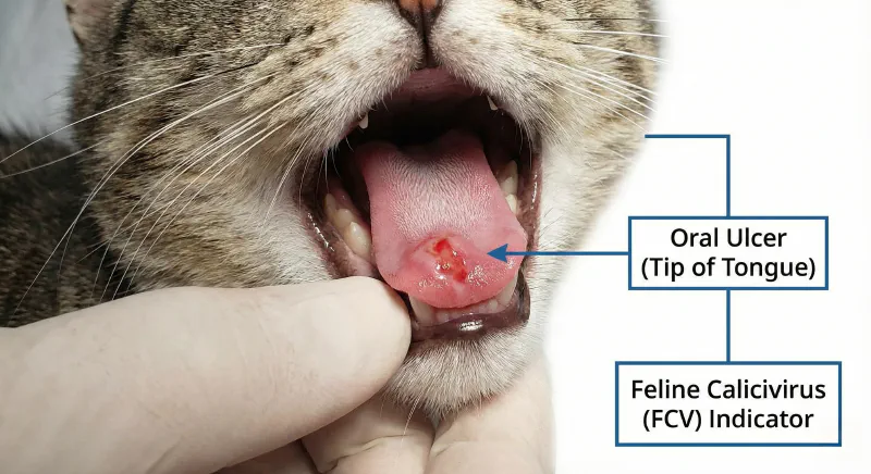 Close up of a cat's tongue showing the characteristic ulcers of Calicivirus