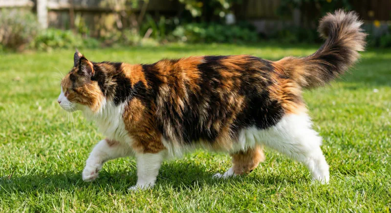A Calico Maine Coon showing distinct patches of red black and white