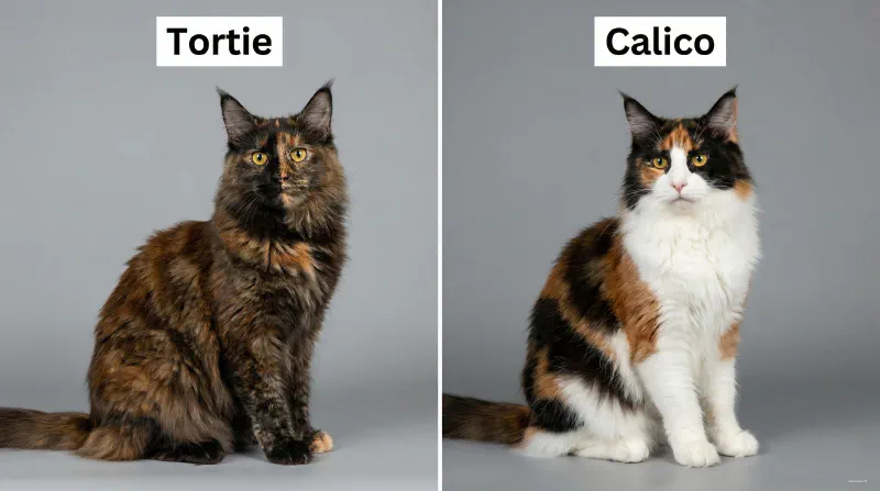 Side by side photos of a Calico Maine Coon (with white) and a Tortie Maine Coon (no white)