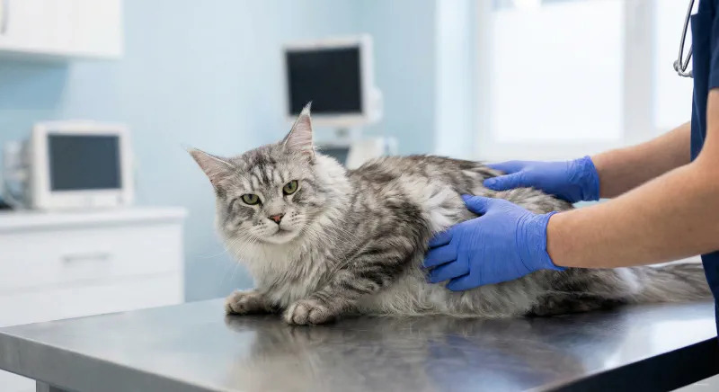 A large, calm Maine Coon sitting on an exam table during a gentle veterinary examination