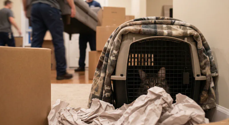 A Maine Coon's carrier is securely covered with a blanket in a corner, shielding it from the chaos of moving boxes