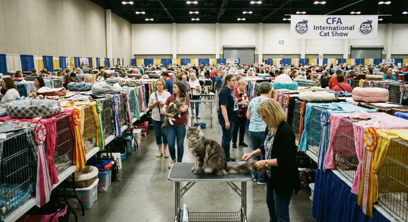A row of decorated cat show cages with curtains and grooming supplies