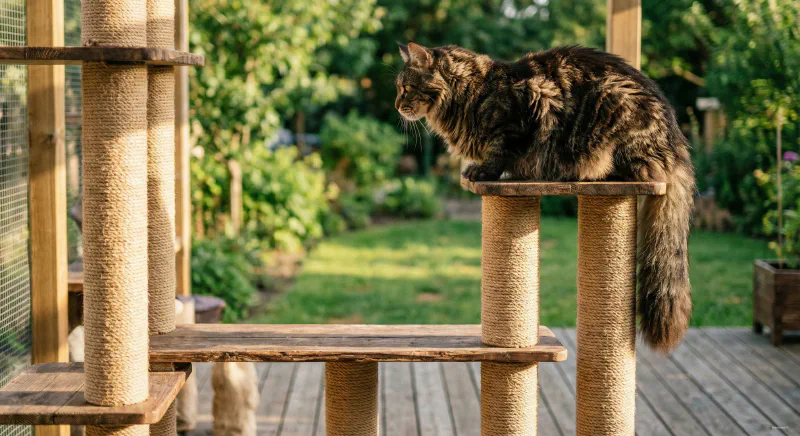 A massive Maine Coon climbing a heavy-duty wooden cat tree in a sun-drenched room