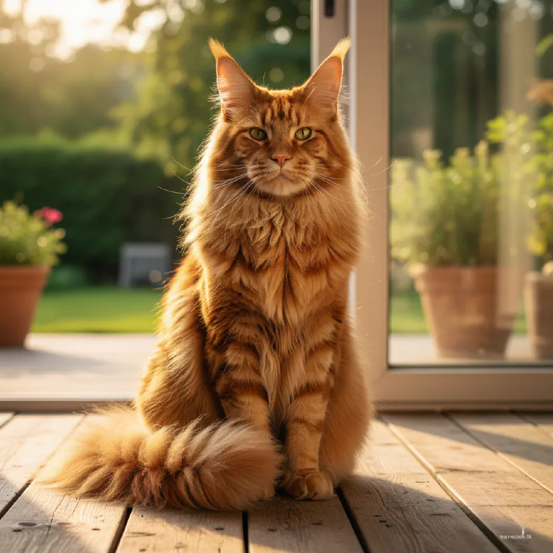 A large, majestic Orange Classic Tabby Maine Coon sitting in warm sunlit lighting