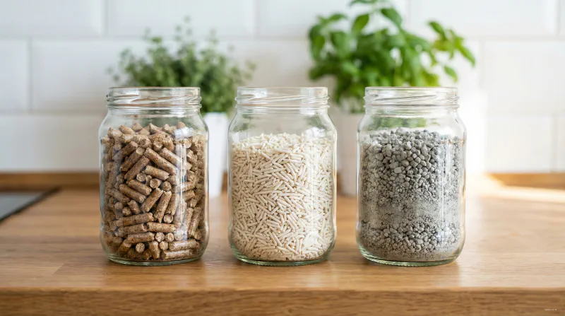 A comparison of wood pellets, tofu litter, and clay litter in glass jars