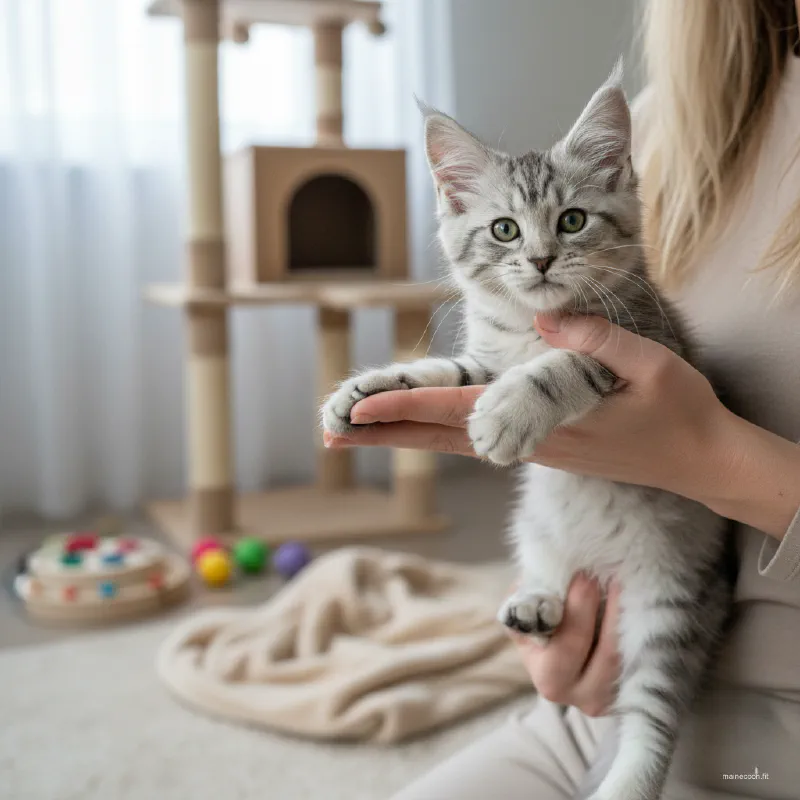 A breeder gently holding a healthy Maine Coon kitten in a clean, home-based environment