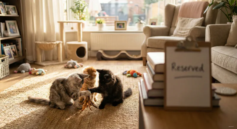 Three Maine Coon kittens playing in a clean, home-based breeder environment