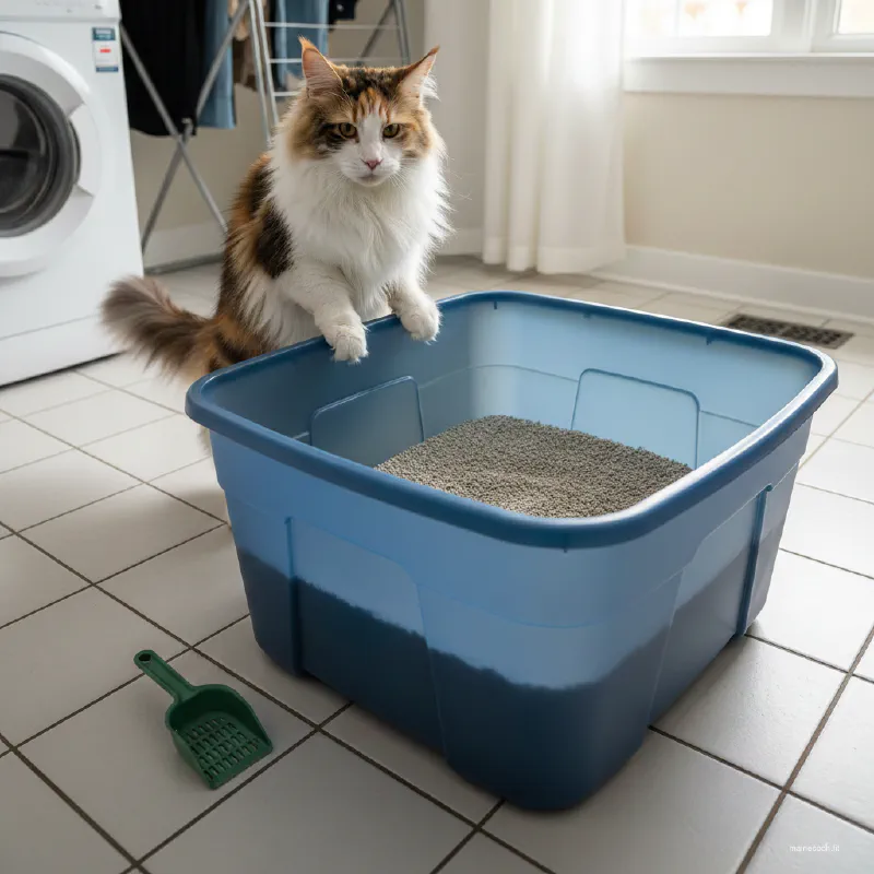 A large Maine Coon standing next to an extra-large plastic storage container used as a high-sided litter box