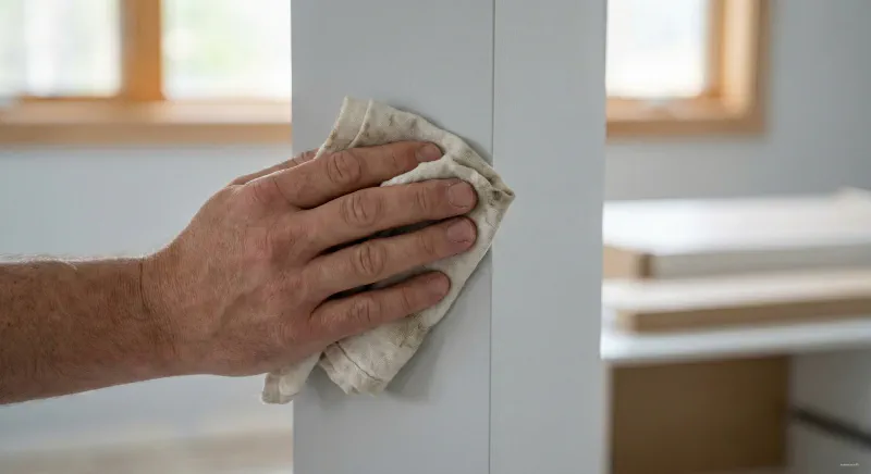 A human hand gently rubbing a scent-infused cloth onto a corner of a new wall to help the cat acclimate