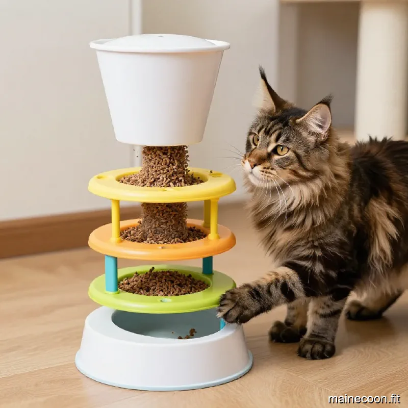 A Maine Coon cat using a complex plastic puzzle feeder