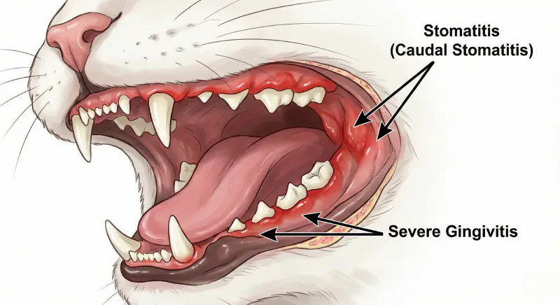 Illustration of a cat's mouth showing angry red inflammation at the back of the throat