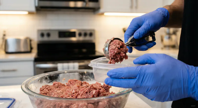 Close-up of a human hand wearing a glove measuring raw ground meat into a container