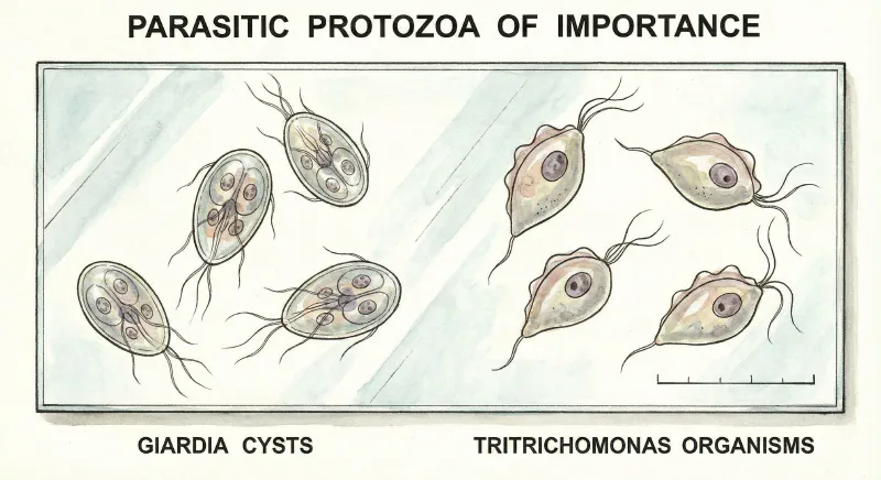 Microscopic view comparison of Giardia cysts versus Tritrichomonas parasites