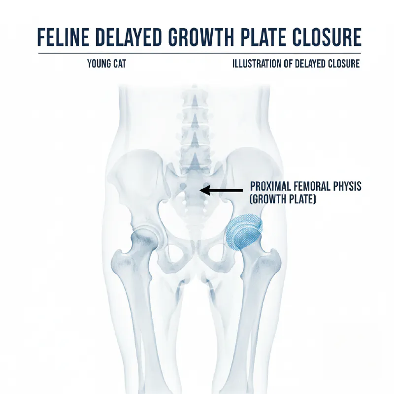 Scientific diagram illustrating open growth plates on a cat's skeletal structure