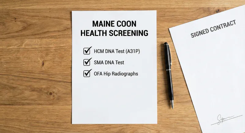 Flat lay of a health checklist showing checkmarks next to HCM, SMA, and Hip Dysplasia screening