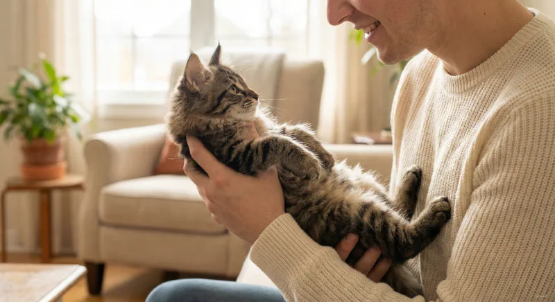 Owner gently holding a fluffy Maine Coon kitten