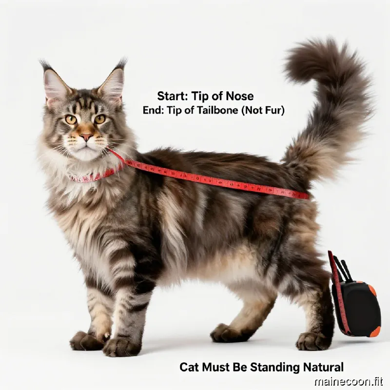 Infographic showing the correct nose-to-tailbone measurement on a standing cat