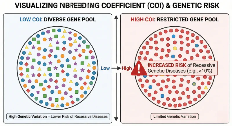 Conceptual graphic comparing diverse gene pool (low COI) vs. restricted gene pool (high COI)