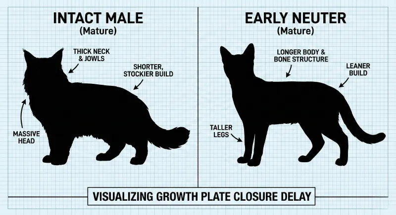 Diagram comparing the skeletal growth of an early neutered cat versus an intact cat