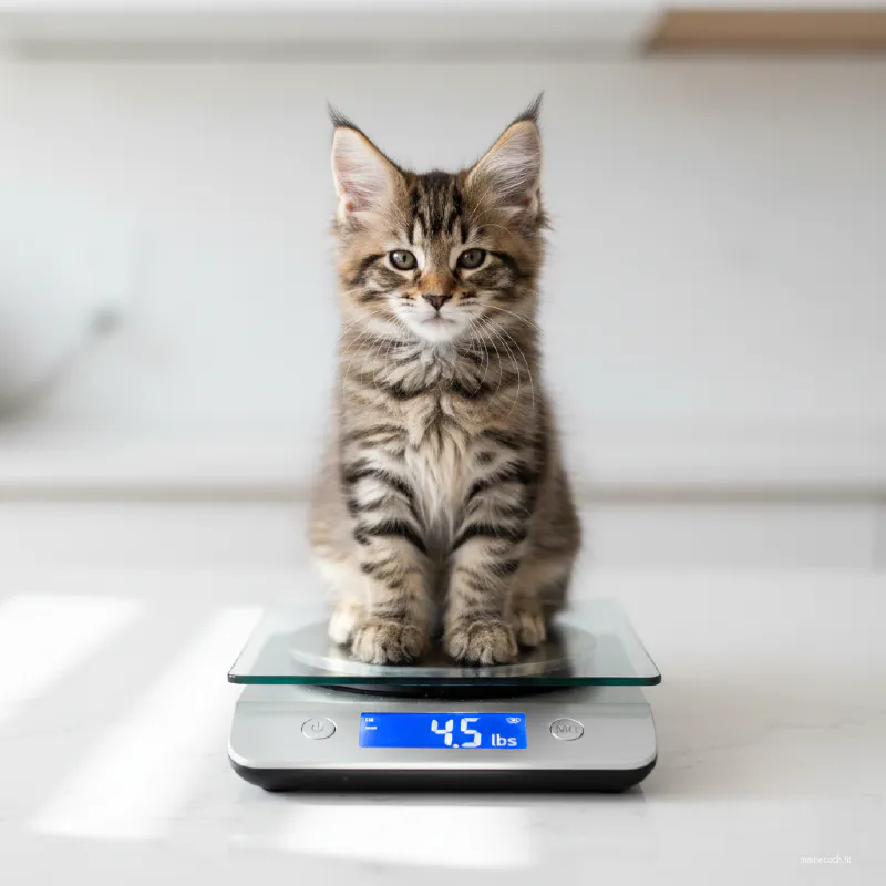 Maine Coon kitten sitting on a modern digital scale