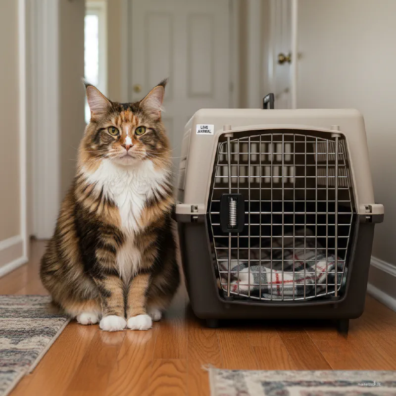 An extra-large, rigid-sided pet carrier next to a large Maine Coon demonstrating scale