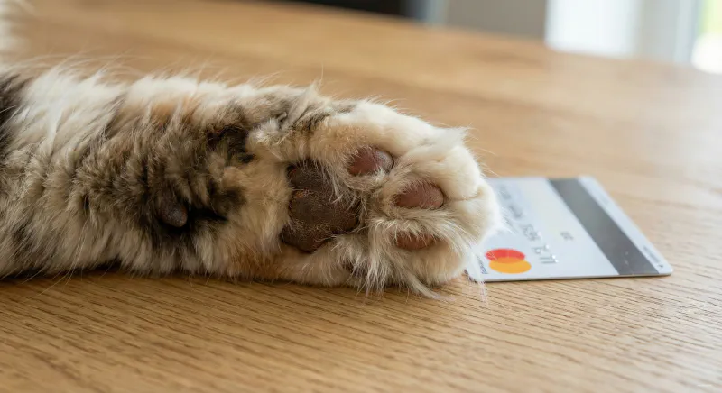 Close-up of a massive Maine Coon paw resting next to a common object for size reference