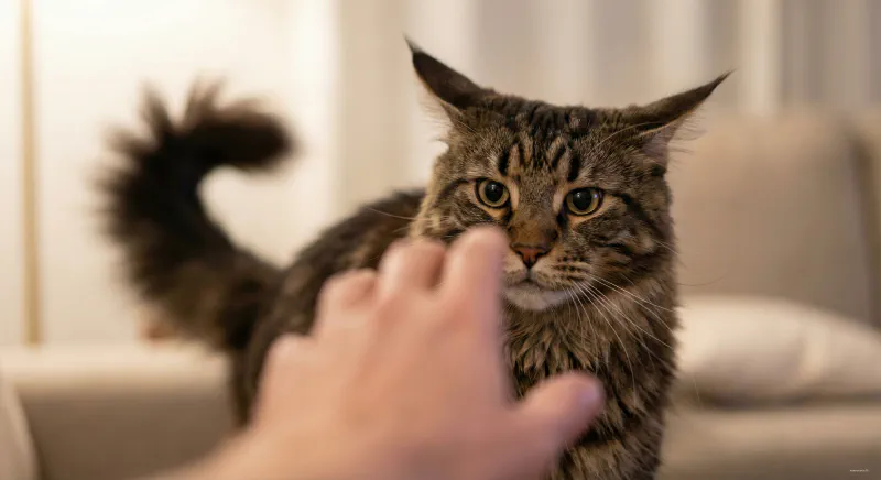 Close up of a Maine Coon with ears turned sideways signaling irritation