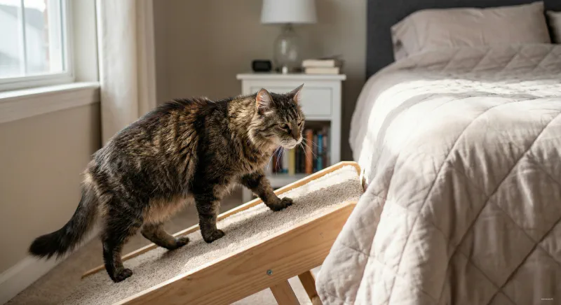 A senior Maine Coon using a carpeted ramp to climb onto a bed