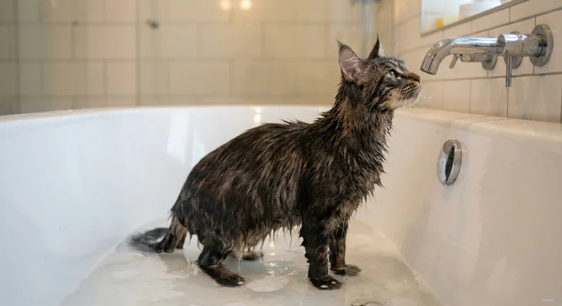 A Maine Coon standing calmly in a bath tub with wet fur