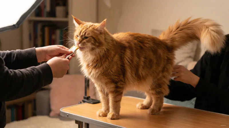 A large Maine Coon cat standing on a grooming table being fed a treat while having its fur brushed