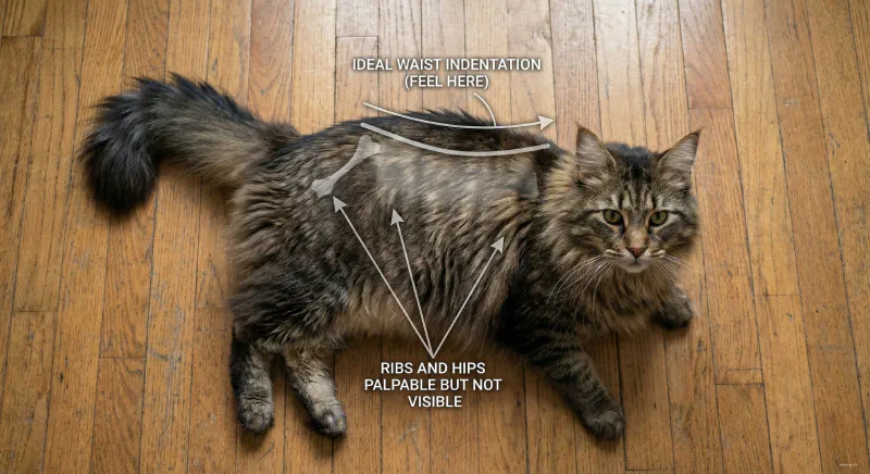 Diagram showing how to check the body condition score of a fluffy Maine Coon