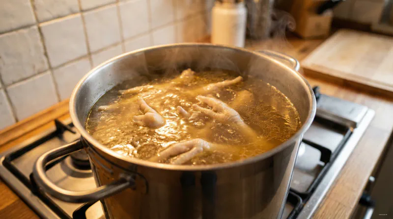 A slow cooker filled with chicken feet and water making bone broth