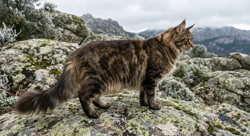 Anatomy of a Maine Coon showing ear tips, shaggy coat, and large paws