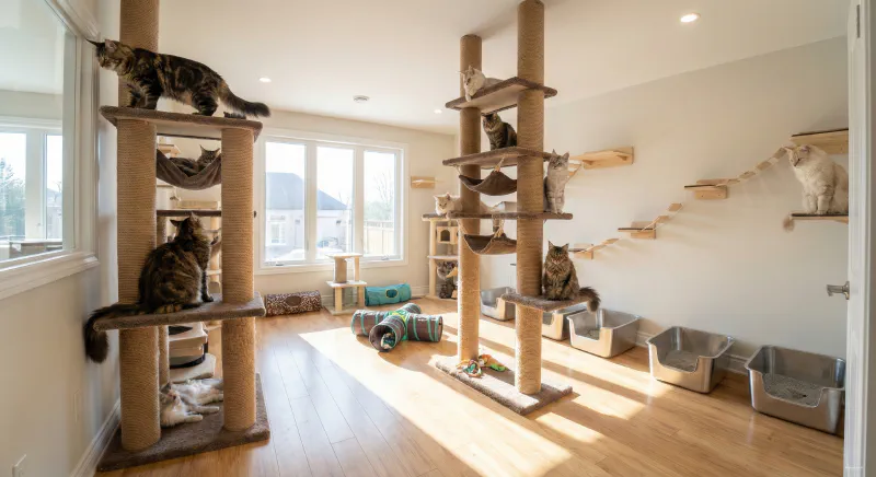 A wide-angle view of a clean, dedicated cat playroom with sturdy cat trees and adult Maine Coons interacting