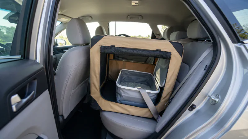 A portable litter box setup in the back of a car