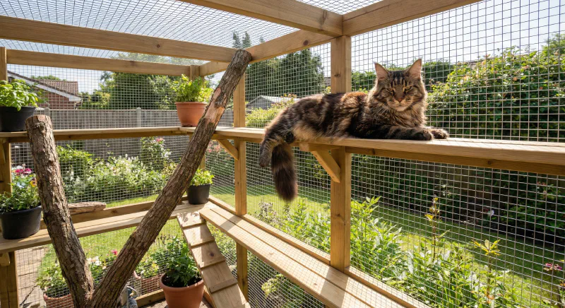 A Maine Coon relaxing in a custom built outdoor catio enclosure