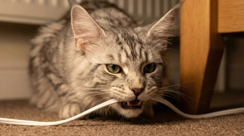 Close up of a Maine Coon cat chewing on an electrical cord
