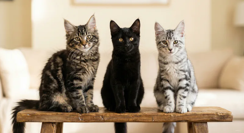 Three Maine Coon kittens showing Tabby, Black, and Silver patterns