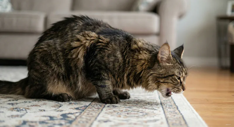 A Maine Coon cat crouching low to the ground coughing