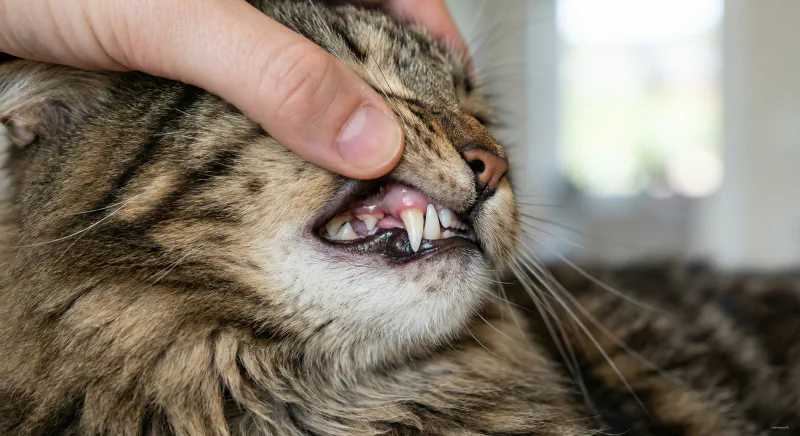 Owner gently checking a Maine Coon's gums for signs of gingivitis