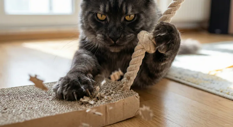 Close up of a Maine Coon shredding a standard cat toy with ease